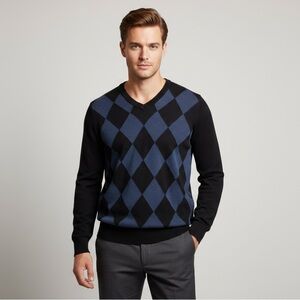 Ben Sherman V-Neck Argyle Sweater - Black and Blue